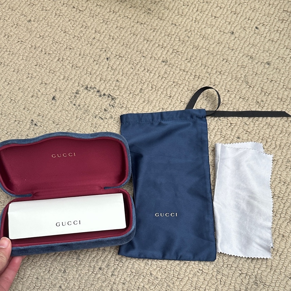 Gucci Navy Exterior Sunglass Case with Burgundy Interior